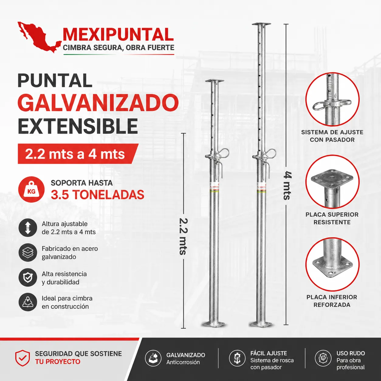 Puntales metálicos galvanizados para cimbra y puntal telescópico MexiPuntal